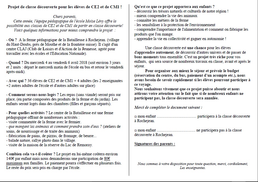 Projet Classe de Découverte CE2-CM1 – Ecole Moïse Lévy
